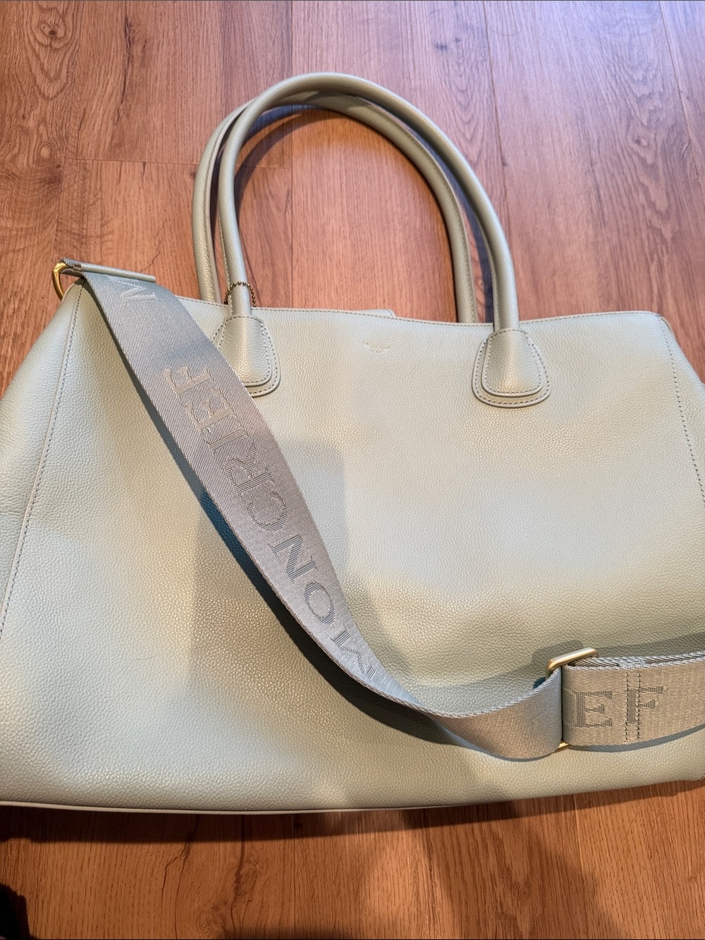Longchamp Light Sage Leather Tote with Branded Strap